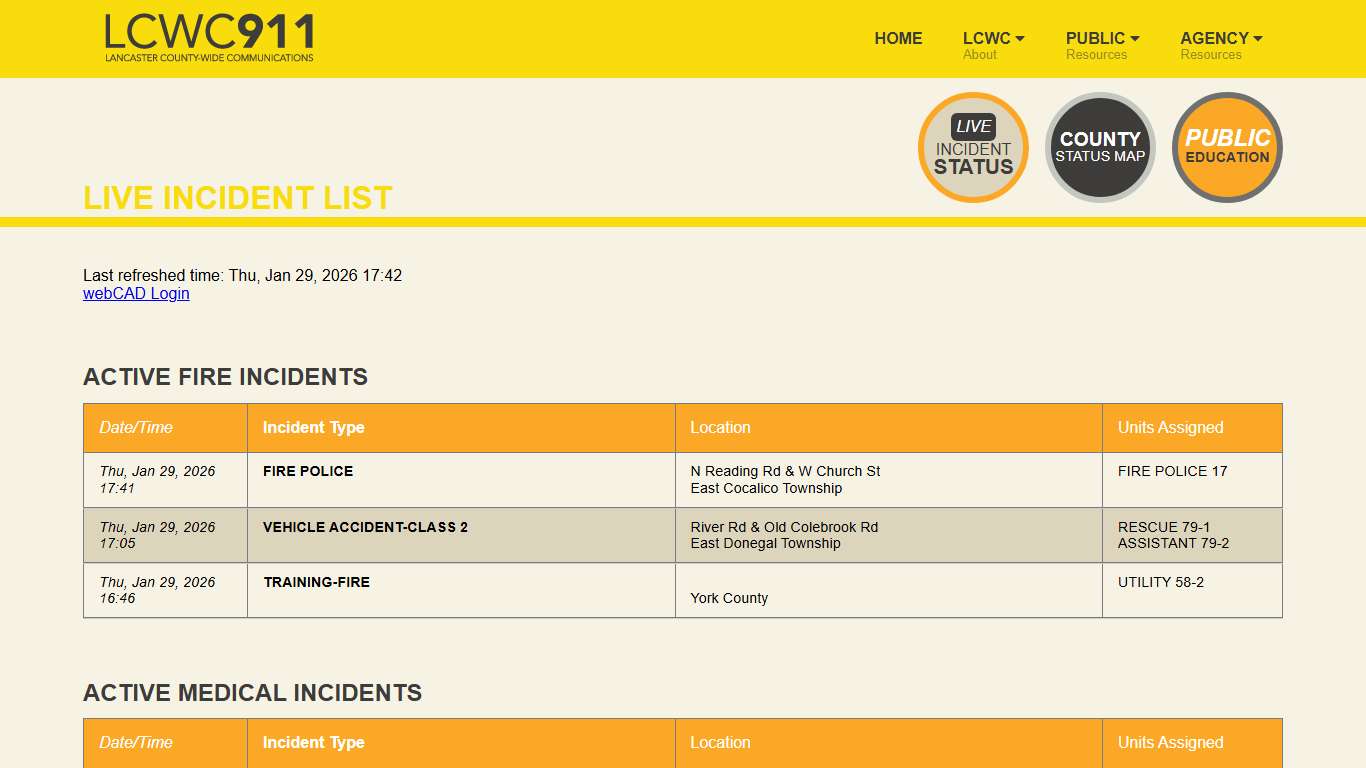 Live Incident List Lancaster County-Wide Communications